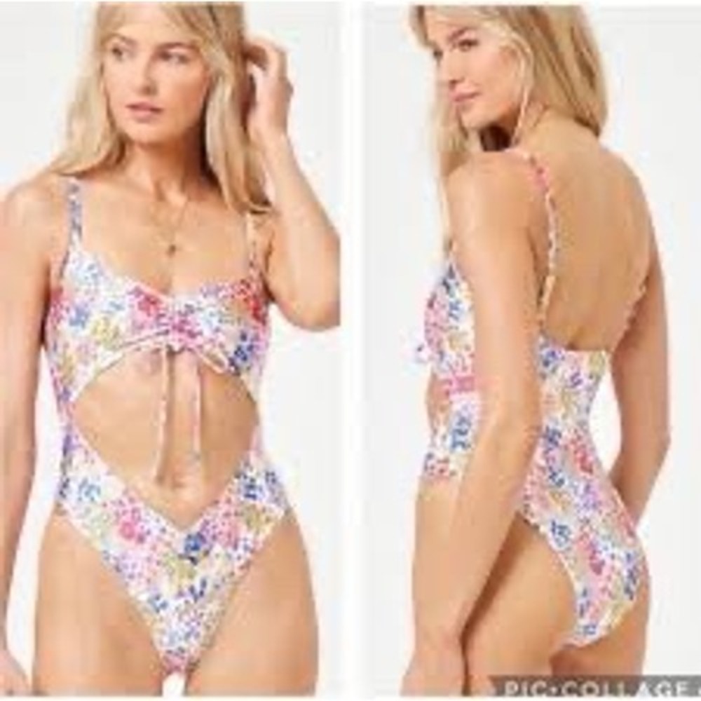 L Space One Piece Swimsuit Large Floral Cutout Tie Front Designer Swimwear